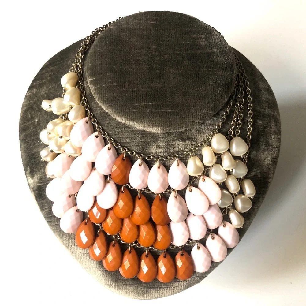 Vintage Burnt Orange and Pale White Pink Teardrop Necklace